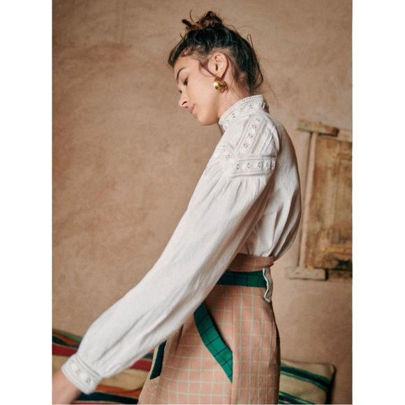 SÉZANE Arthus Brown White Green Plaid Belted High Rise Embroidered Cotton Shorts - Picture 8 of 11